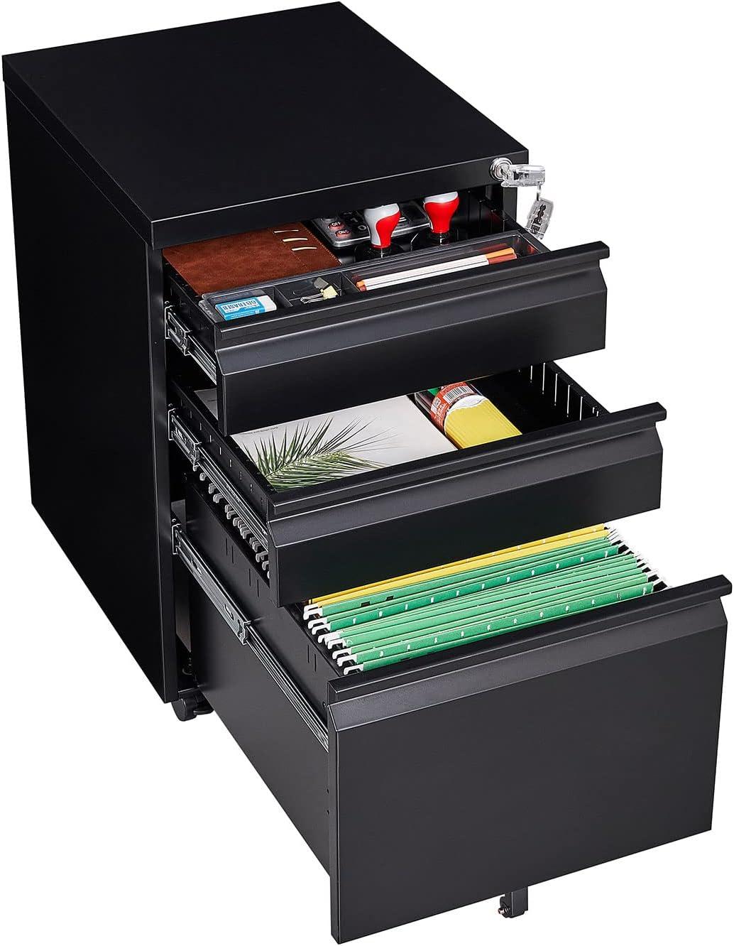 Gewnee Mobile Office File Cabinet with Lock, Under Desk Metal Movable Filing Cabinet With 3 Drawers For Home and Office,Black