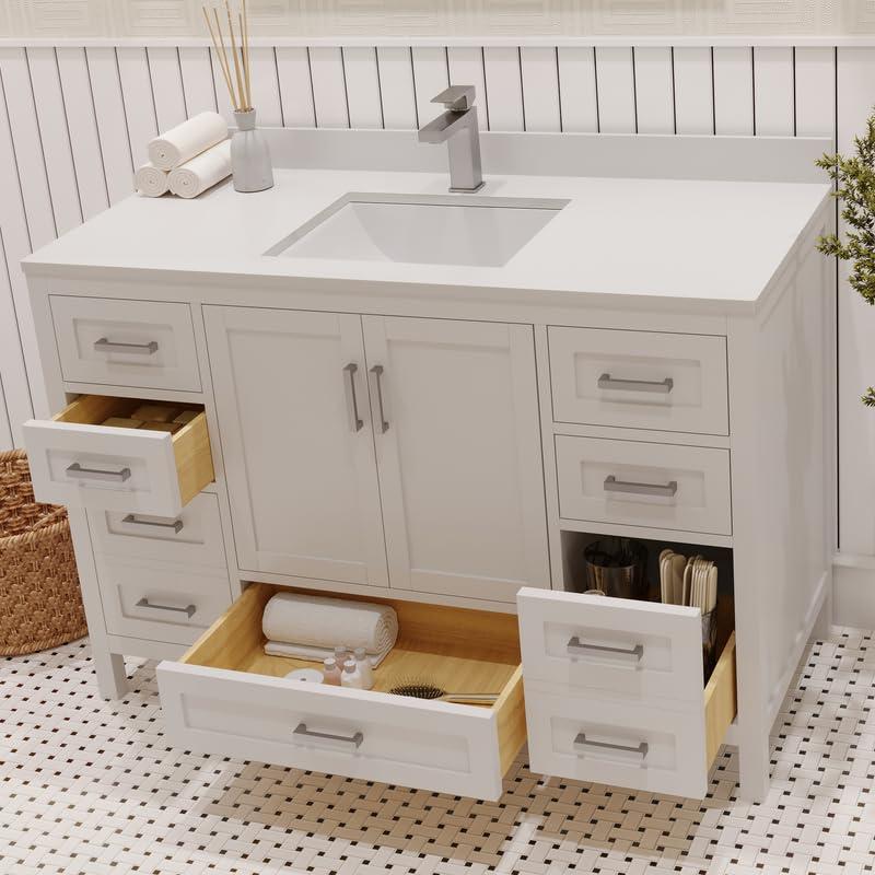 Ayna Decors Rooh 24 in White Bathroom Vanity Set with White Quartz Countertop | Ceramic Sink | 2 Soft Closing Doors | 1 Full Extention Soft Close Drawer | Brushed Nickel Hardware | AVR24WH3002