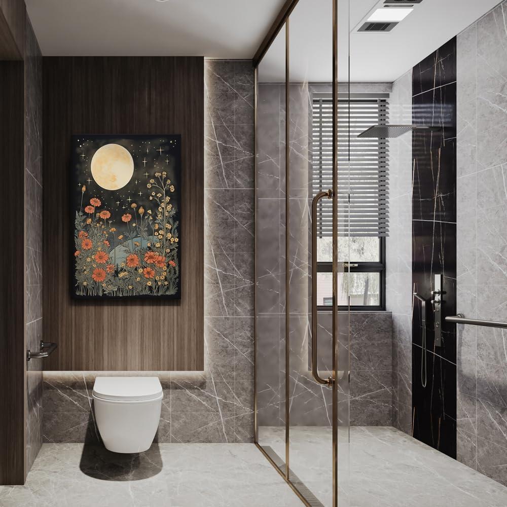 Celestial Star Canvas Wall Art，Vintage Poster，Dark Aesthetic Moon Stars and Flowers Decor, Prints Goth Room Picture Witchy Gothic Wall Decor for Living Room Bedroom 12 x 16 in Unframed