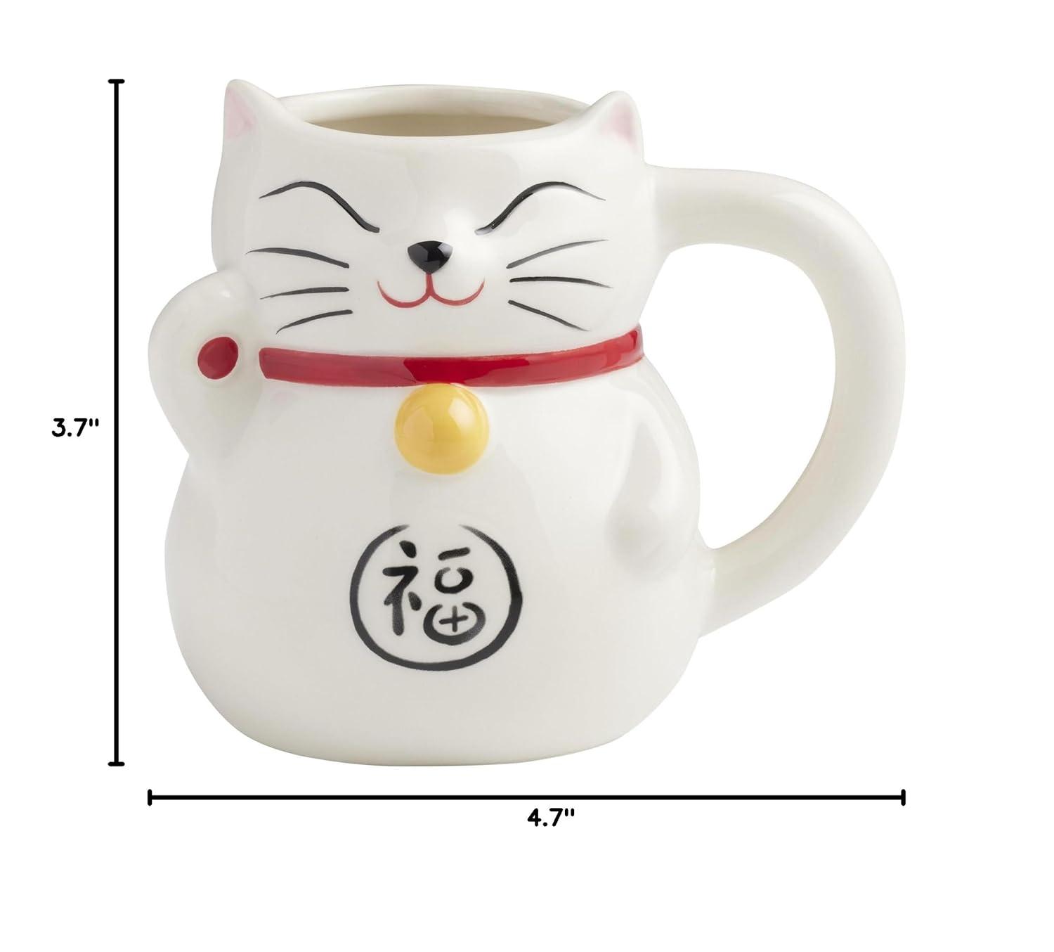 White Ceramic Lucky Cat Mug with Red Collar and Golden Bell