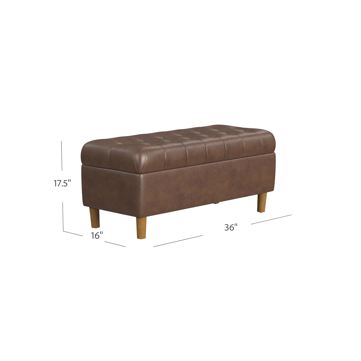 Button Tufted Storage Bench with Cone Wood Legs Faux Leather Brown - HomePop: Hinged Lid, Easy Access
