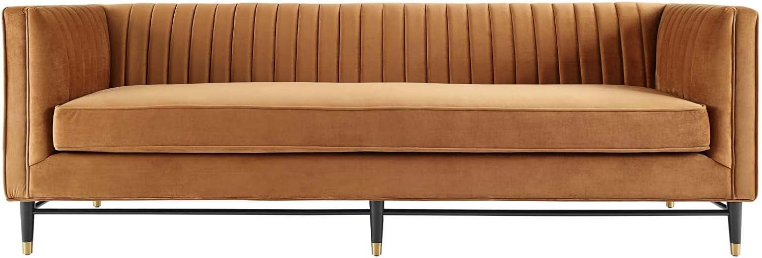 Cognac Velvet Tufted Reception Sofa with Gold Accents