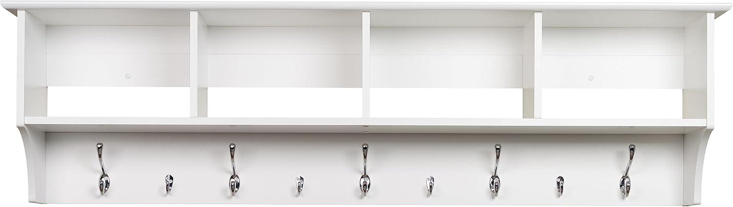 Prepac 60" Wide Hanging Entryway Shelf White: Wall Mounted Storage with 9 Hooks, Laminated Wood Composite