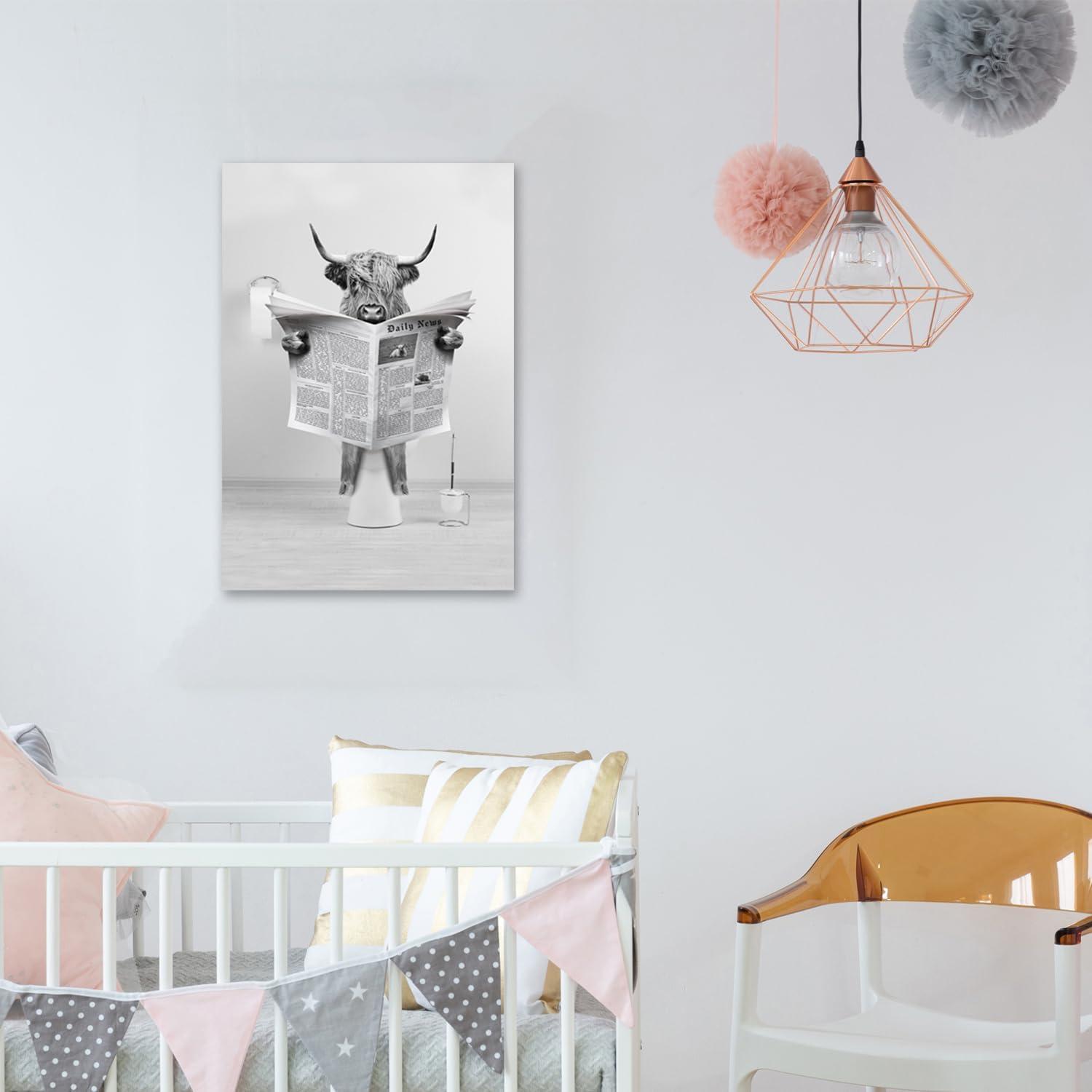 Modern Black Framed Highland Cow Wall Art Minimalist Bathroom Wall Decor Cute Funny Animals Artwork Canvas Prints Ready to Hang for Guest Bathroom, Hotel, Condo, Kids Bathroom, 12”x16”