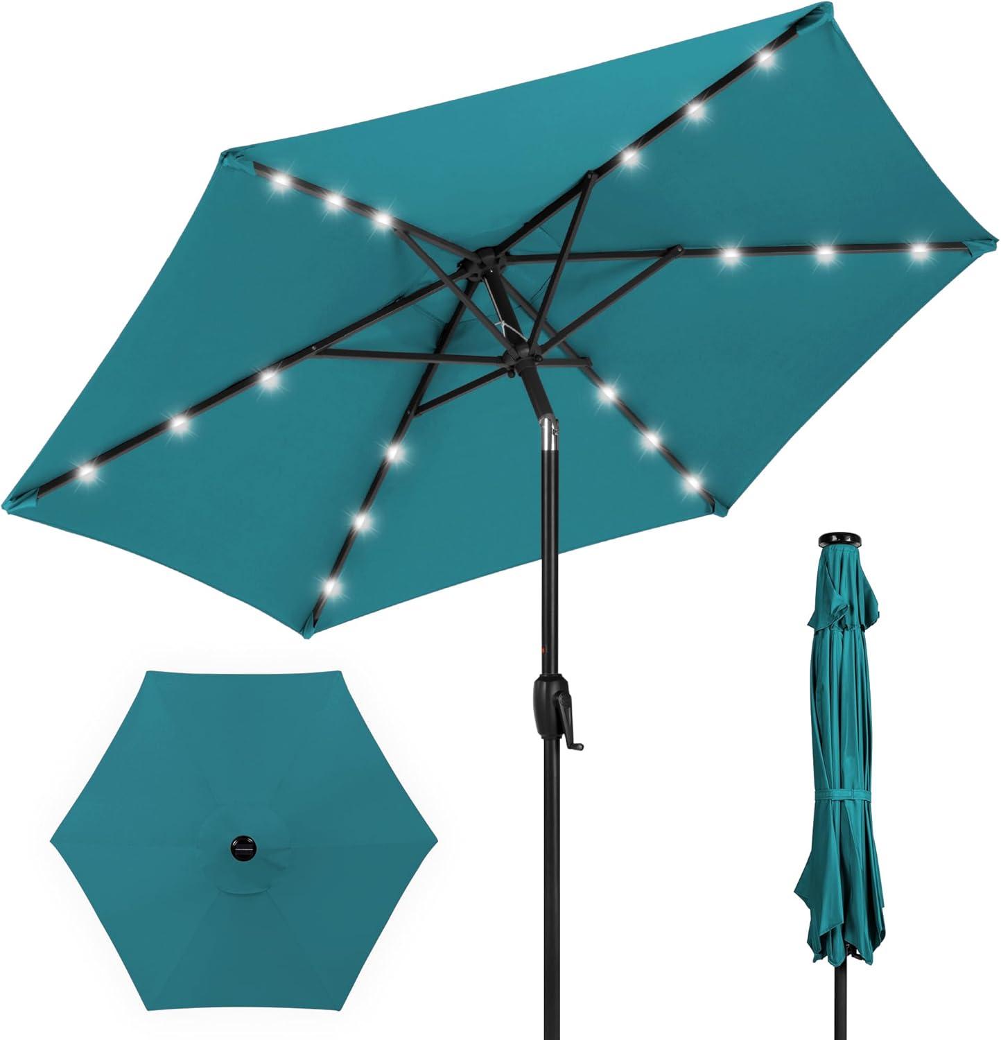 Best Choice Products 7.5ft Outdoor Solar Patio Umbrella for Deck, Pool w/ Tilt, Crank, LED Lights - Cerulean