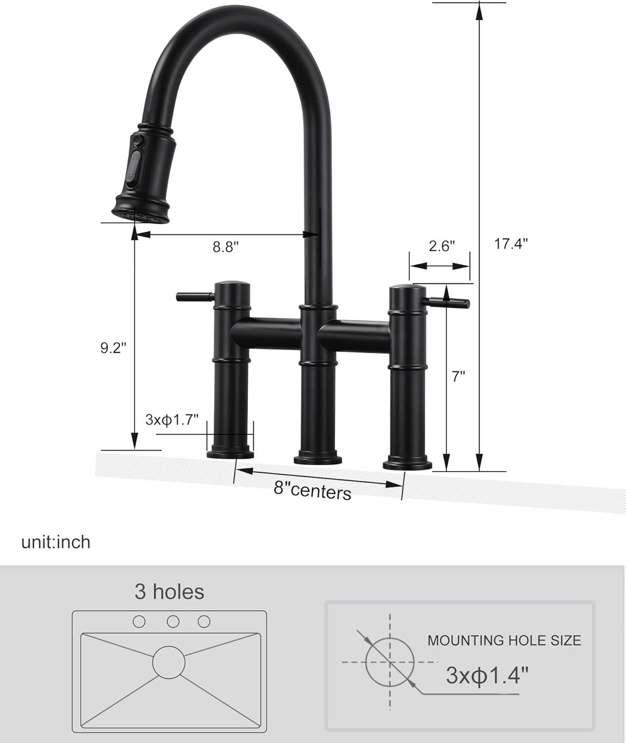 Matte Black Double Handle Bridge Kitchen Faucet with Pull-Out Spray