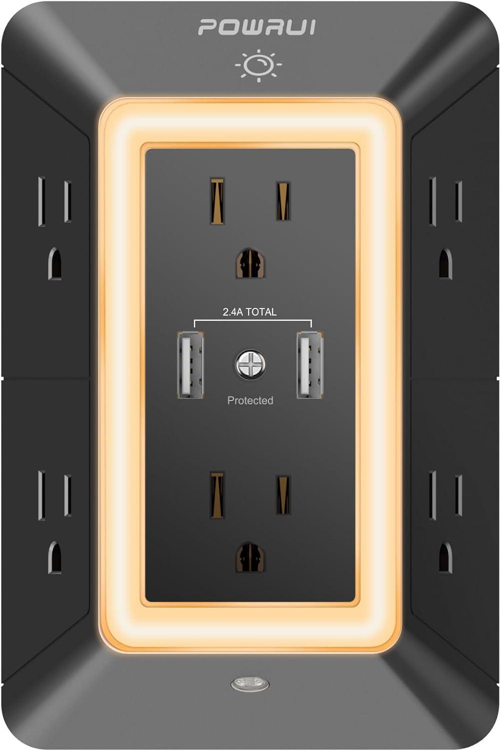 Black 6-Outlet Surge Protector with USB Ports and Night Light