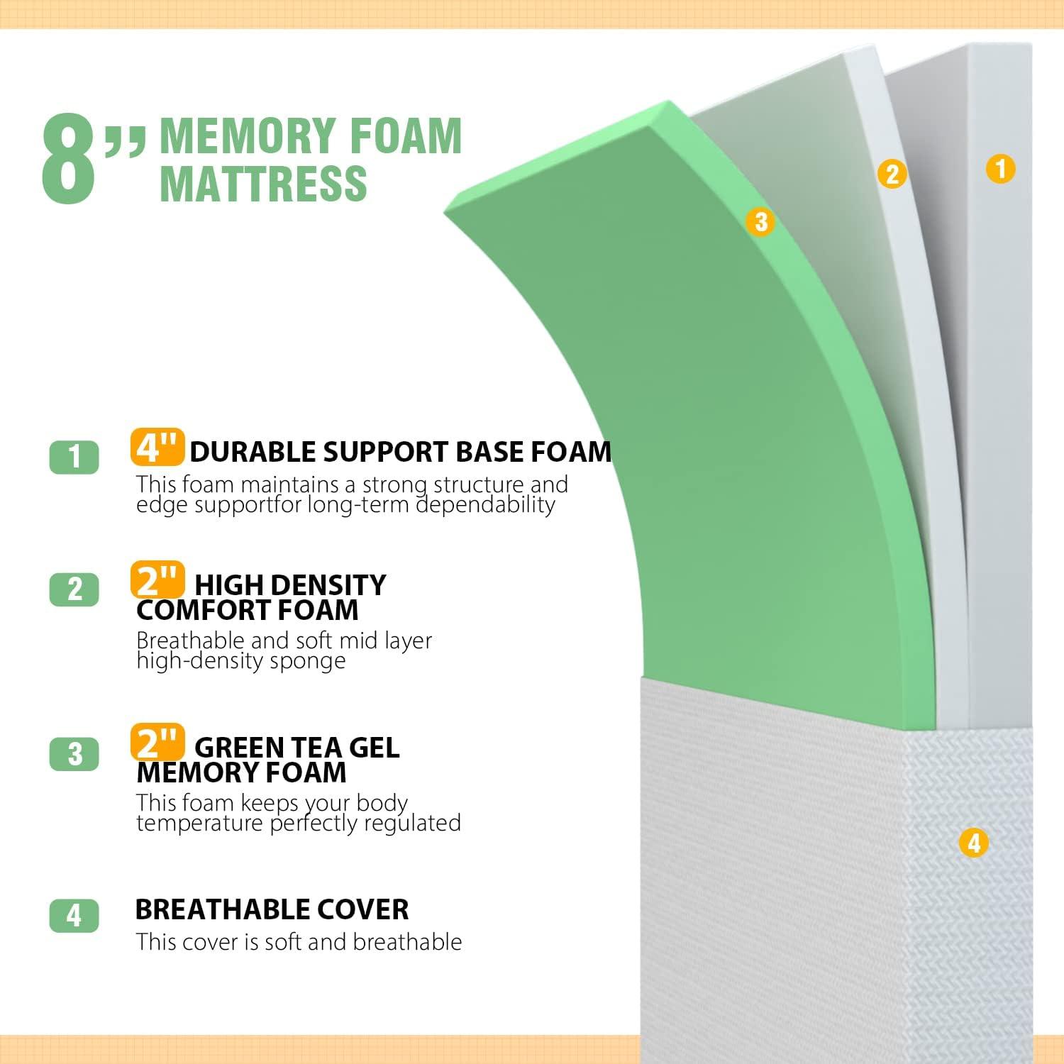 FDW 8 Inch Green Tea Memory Foam Mattress Cooling Gel Infused Mattress,Fiberglass Free/CertiPUR-US Certified/Bed-in-a-Box,White