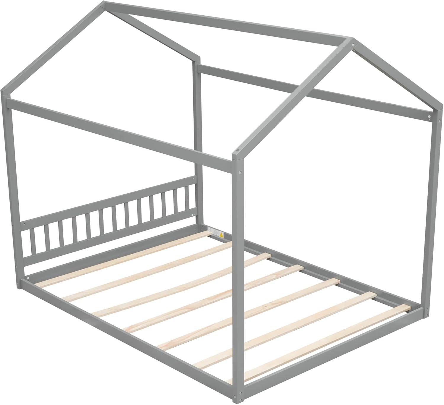 Queen House Bed with Roof Wood Montessori Floor Beds for Kids Wood House Floor Bed Frame for Girls Boys Teens Adults, No Spring Box Needed, Gray