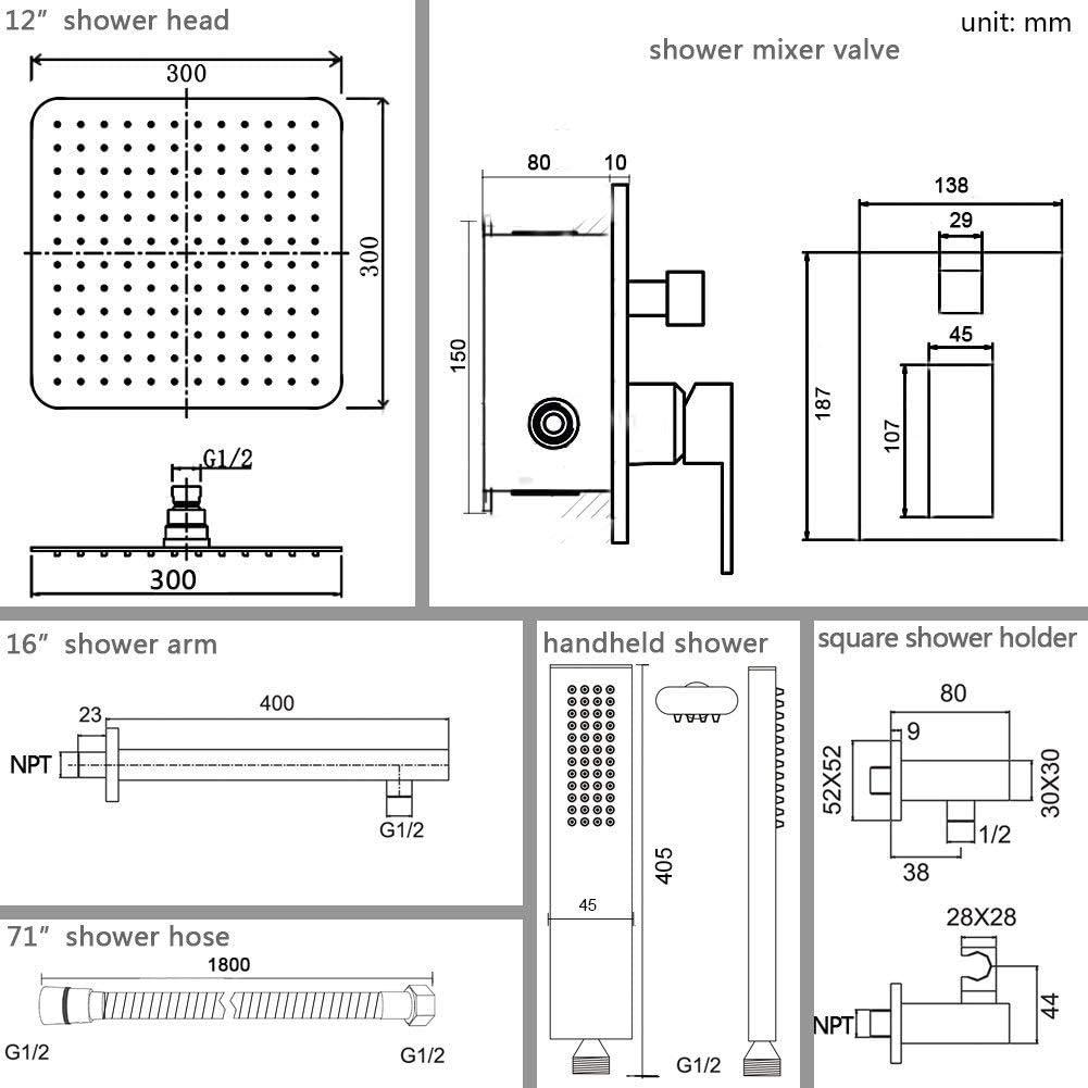 12'' Brushed Nickel Wall Mounted Rain Shower System