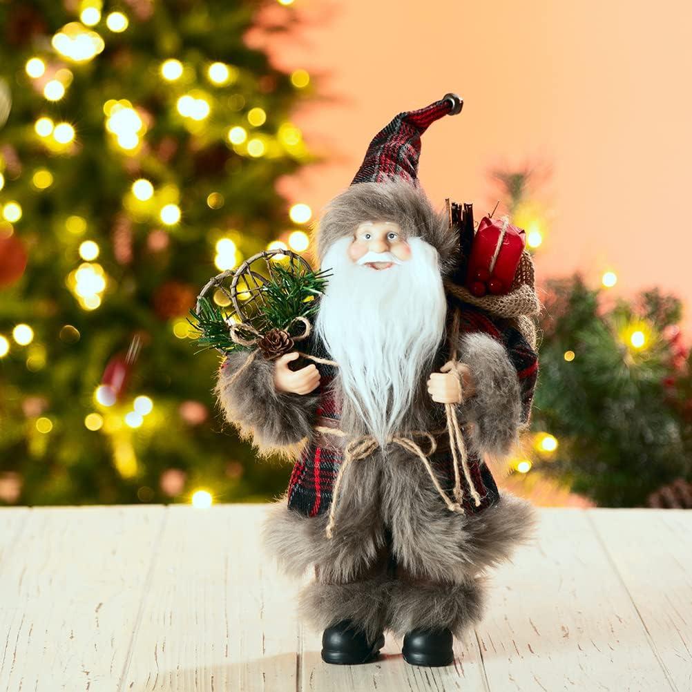 12-inch Plaid Santa Claus Figurine with Faux Fur Detailing