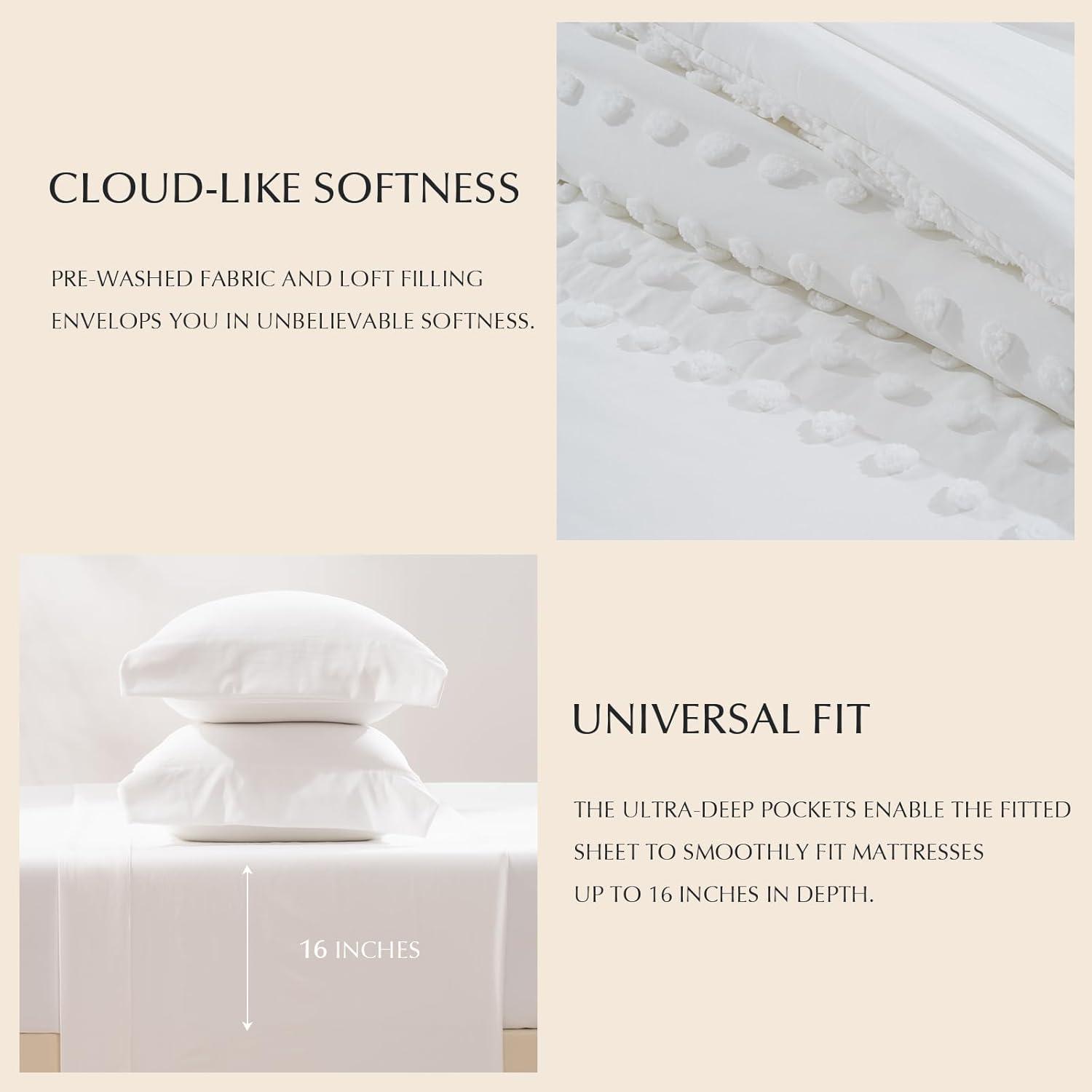 EVERGRACE King Size Comforter Set 7 Pieces Bed in a Bag for College Dorm, White Tufted Shabby Chic Boho Comforter and Sheet Set with Pom Pom Textured, Soft Fluffy Farmhouse Complete Bedding Set