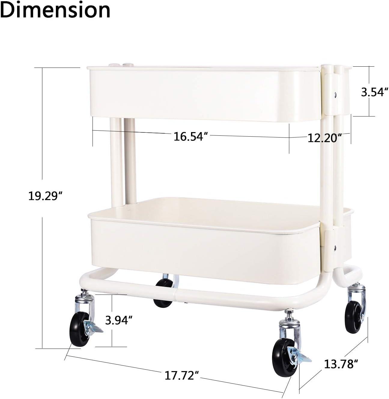 Melody House 2 Tier Metal Utility Rolling Cart Storage Organizer with Cover Board, Mobile Trolley Sofa Side Table with Wheels for Office Home Kitchen Organization, White