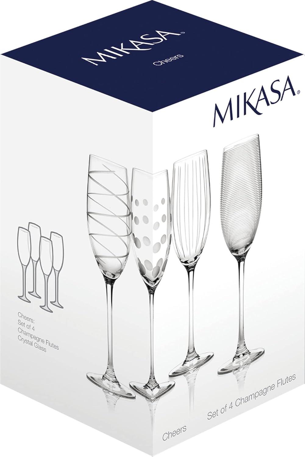 Set of 4 Clear Crystal Champagne Flute Glasses with Etched Designs