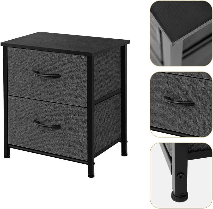 TCT Storage Dresser End/Side Table Night Stand Furniture Unit - Small Standing Organizer for Bedroom, Office, Living Room, and Closet - 2 Drawer Removable Fabric Bins - Dark Grey