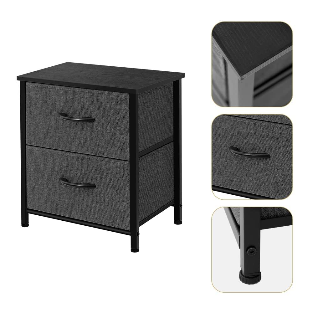 TCT Storage Dresser End/Side Table Night Stand Furniture Unit - Small Standing Organizer for Bedroom, Office, Living Room, and Closet - 2 Drawer Removable Fabric Bins - Dark Grey