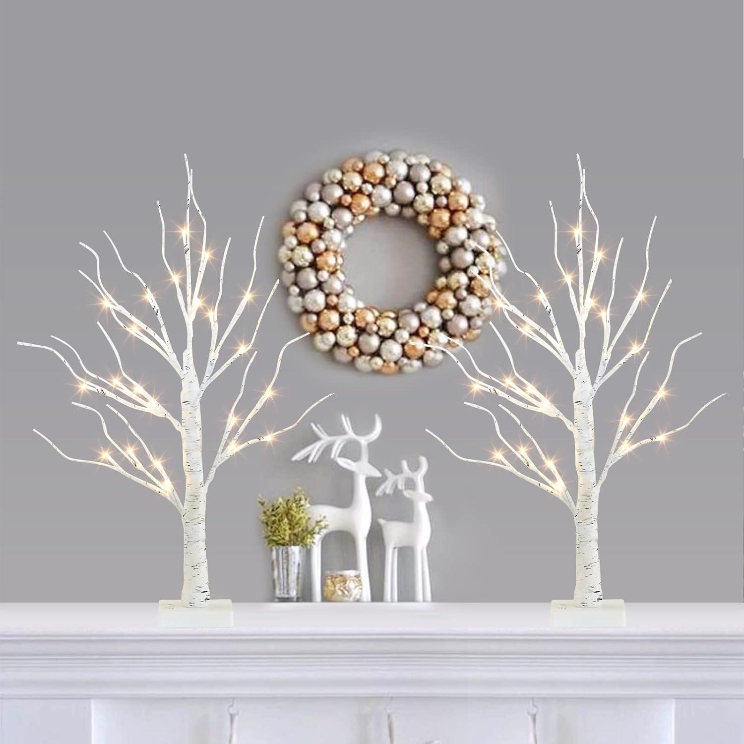 The Holiday Aisle® White Birch Tree With LED Lights - Set Of 2, LED Tabletop Tree With Timer, Christmas Decorations Lighted Tree For Indoor Mantel Home Decor (2 FT, 24 LED)
