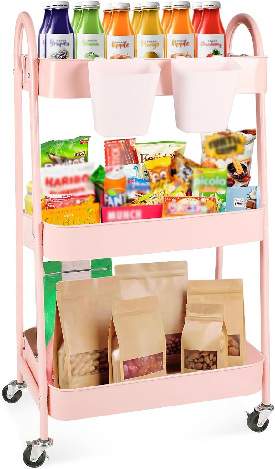 Pink 3-Tier Metal Rolling Kitchen Storage Cart with Wheels