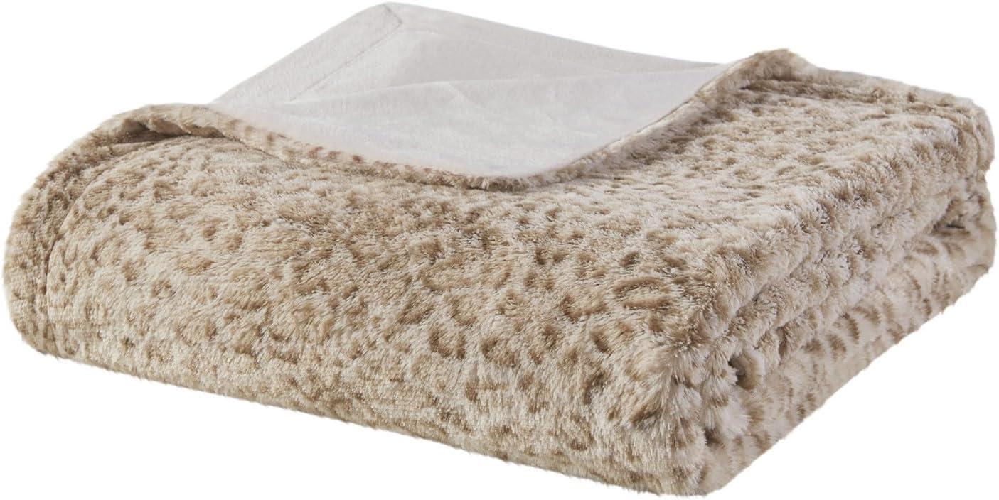 Madison Park Polyester Faux Tip Dyed Brushed Long Fur Throw in Leopard Tan