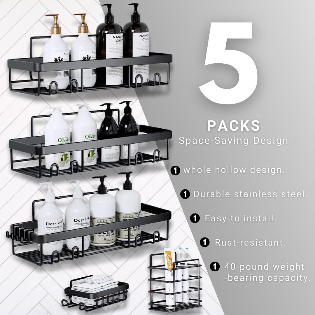 5Pack Shower Caddy Shelf Organizer with Soap Holder, Stainless Steel Bathroom Shelves Basket with Adhesives/Screws, Hooks, Storage Rack for Kitchen Black