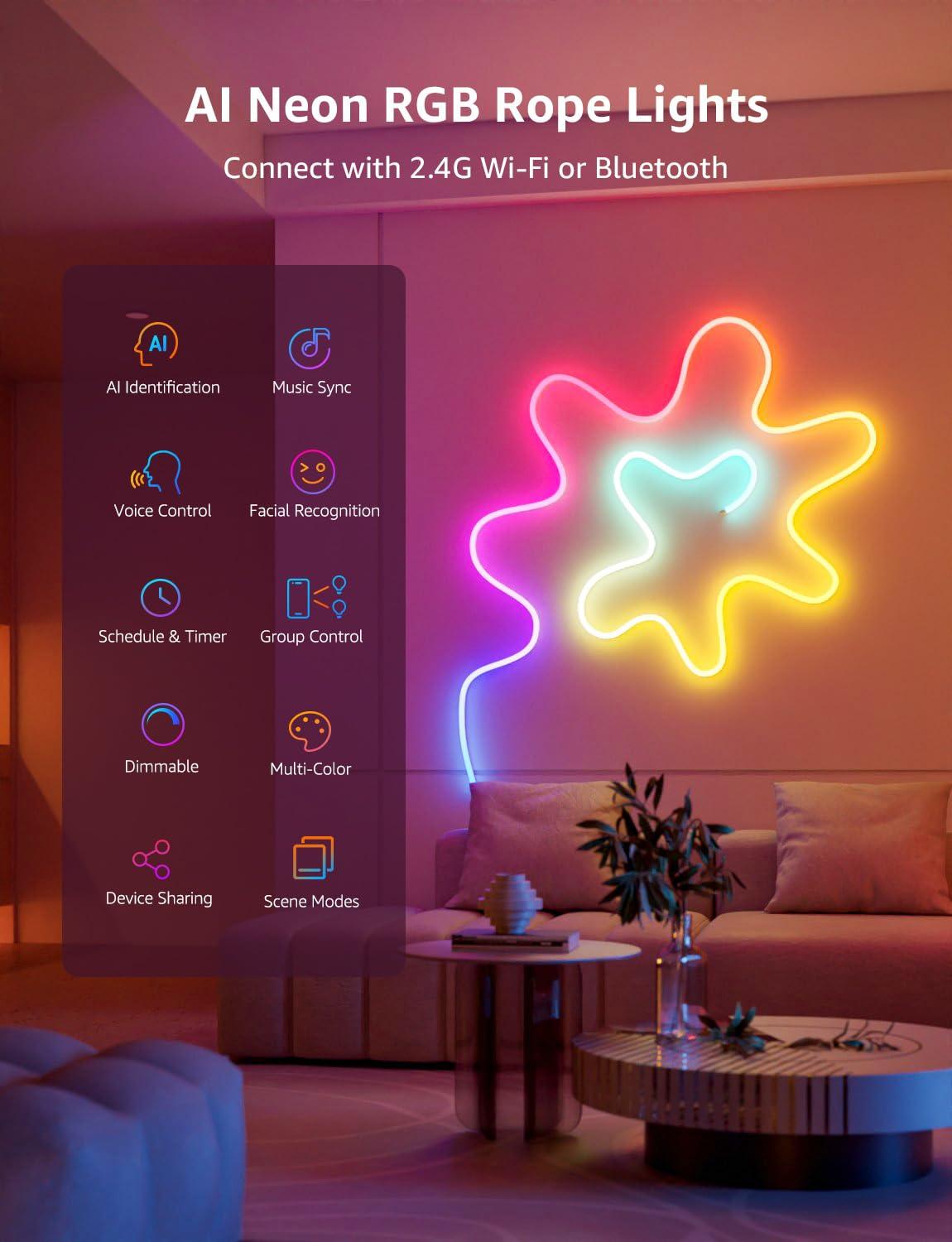 Lepro Lepro N1 AI Smart RGB Rope Lights, LLM AI Generated Lighting, LightBeats Music Sync, Color Segment DIY, Voice Control Via App, Wi-Fi & Bluetooth LED Strip Lights (Set of 6)