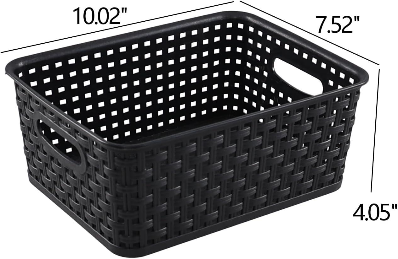 Black Rectangular Plastic Woven Storage Baskets, Set of 6