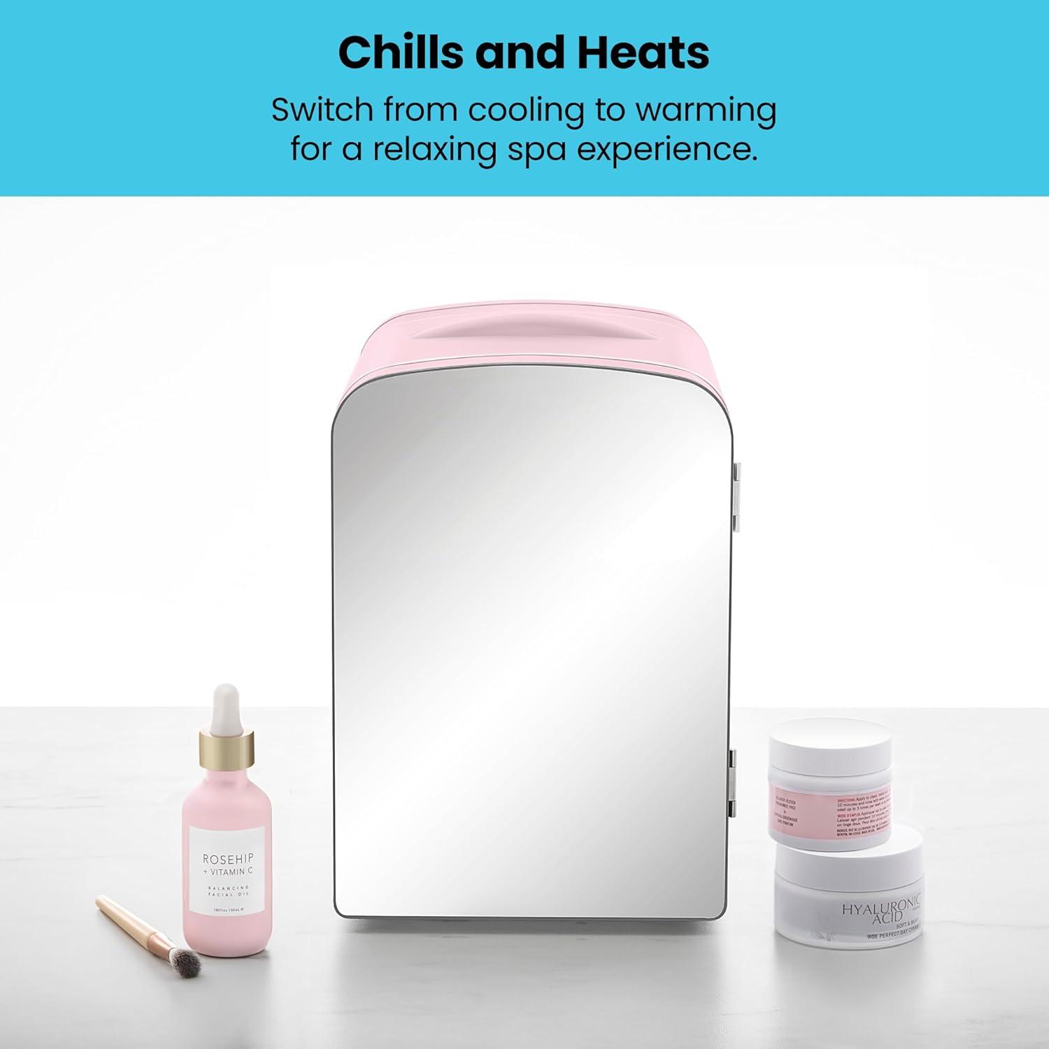 Chefman Portable Mirrored 4L Mini Fridge w/ Heating and Cooling - Pink, New