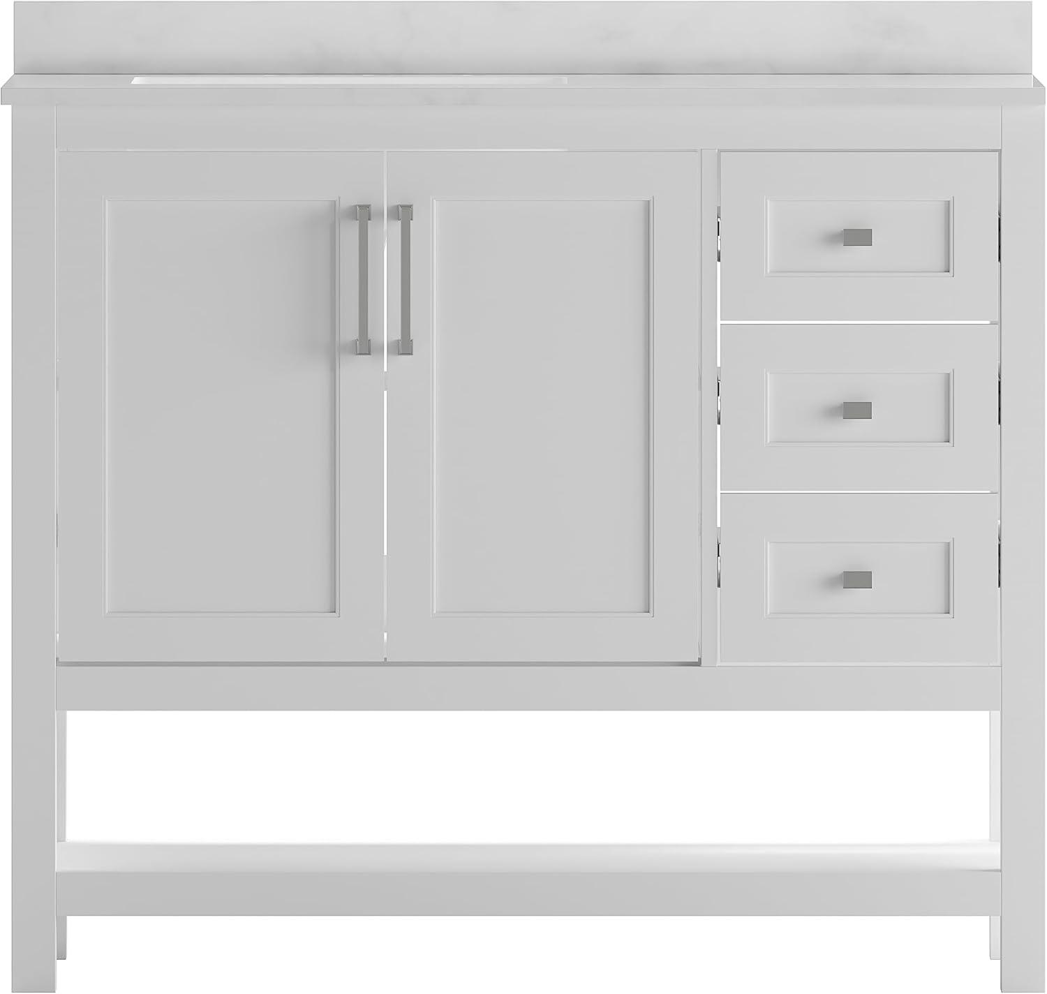 Merrick Lane Bathroom Vanity with Ceramic Sink, Carrara Marble Finish Countertop, Storage Cabinet with Soft Close Doors, Open Shelf and 3 Drawers