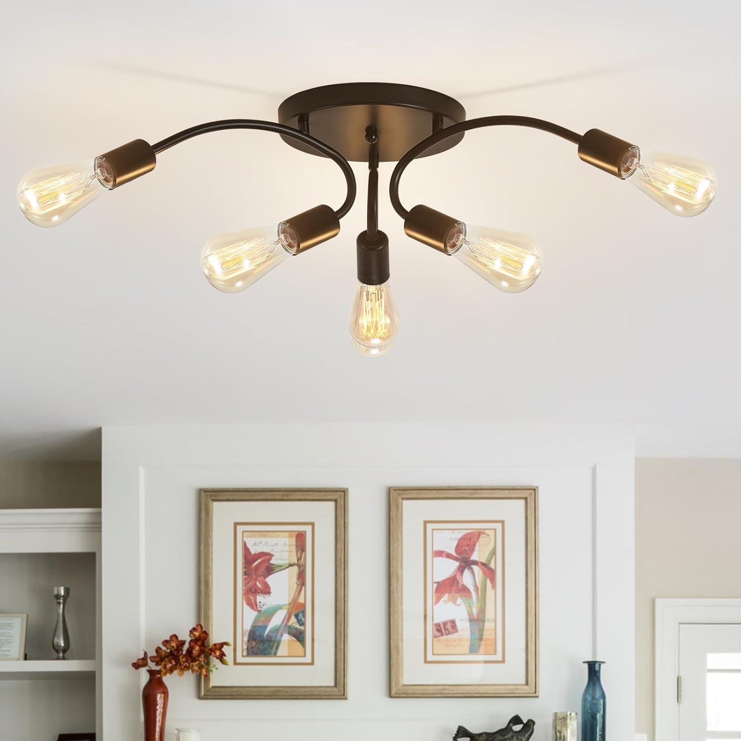 Modern Sputnik Chandeliers, 6-Light Ceiling Light Fixture for Bedroom, Kitchen, Dining Room, Living Room, Black with E26 Bulb Base
