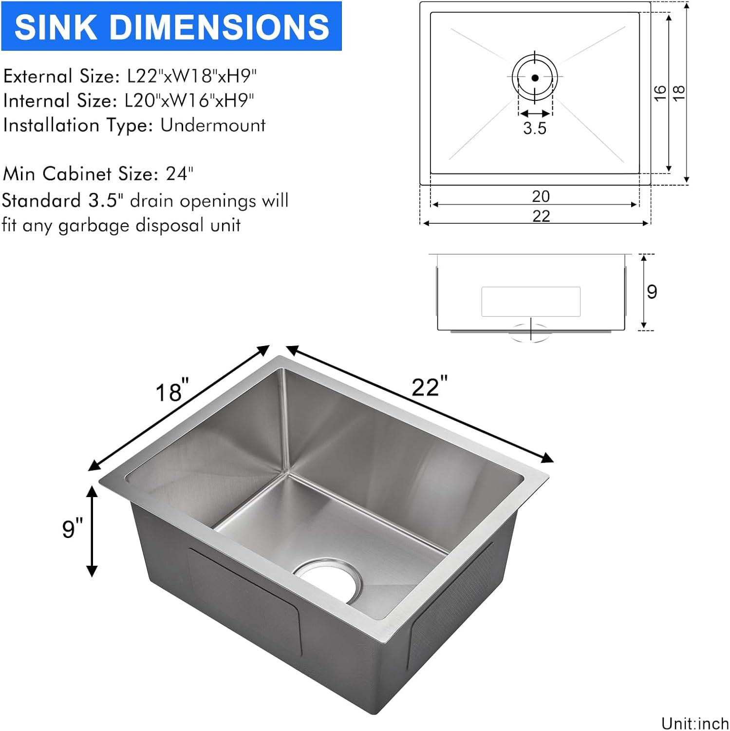 MENATT 22 inch Undermount Kitchen Sink, 22" x 18" Single Bowl Kitchen Sink Undermount Stainless Steel Handmade Bar Sink with Basket Strainer(Brushed)