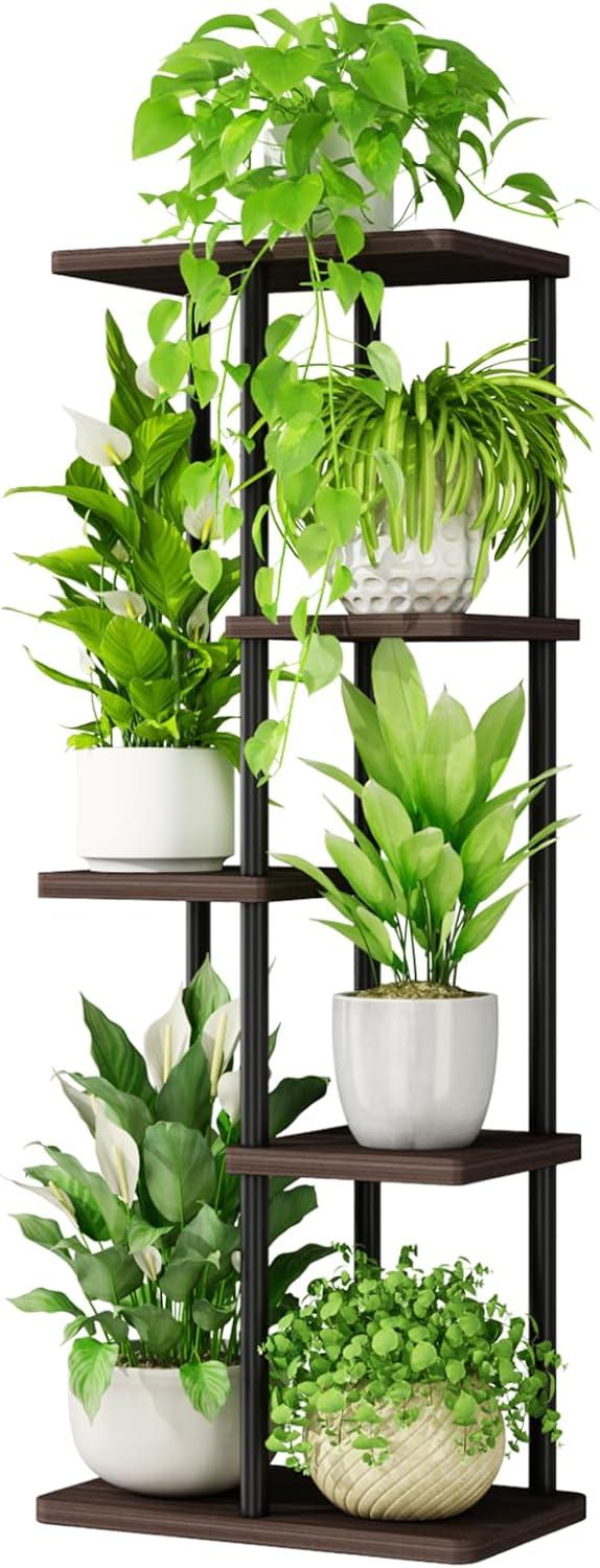 Tall Black Metal and MDF 5-Tier Plant Stand