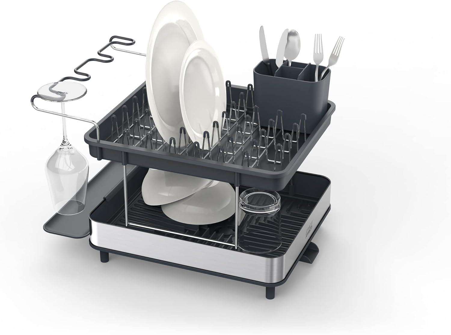 Gray Stainless Steel 2-Tier Dish Rack with Utensil Cup