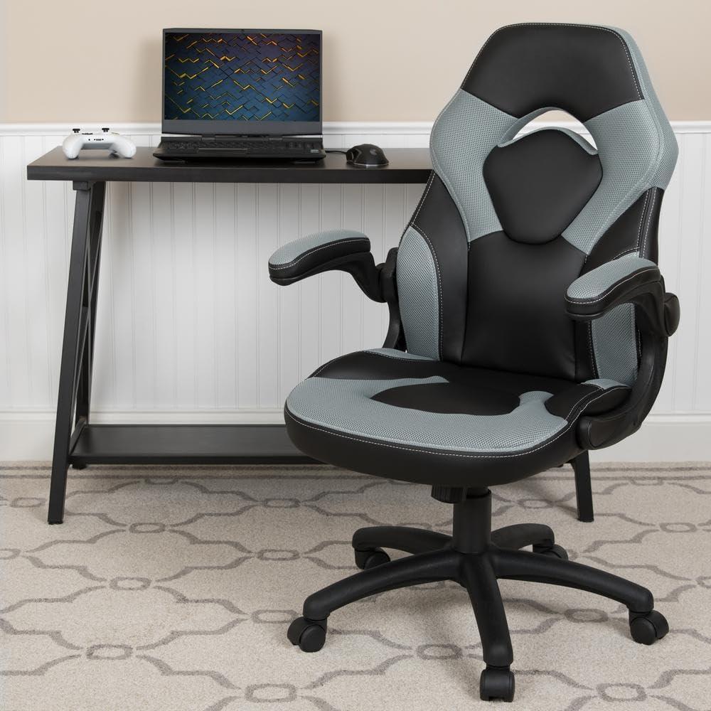 Gray and Black Ergonomic High-Back Gaming Chair with Flip-Up Arms