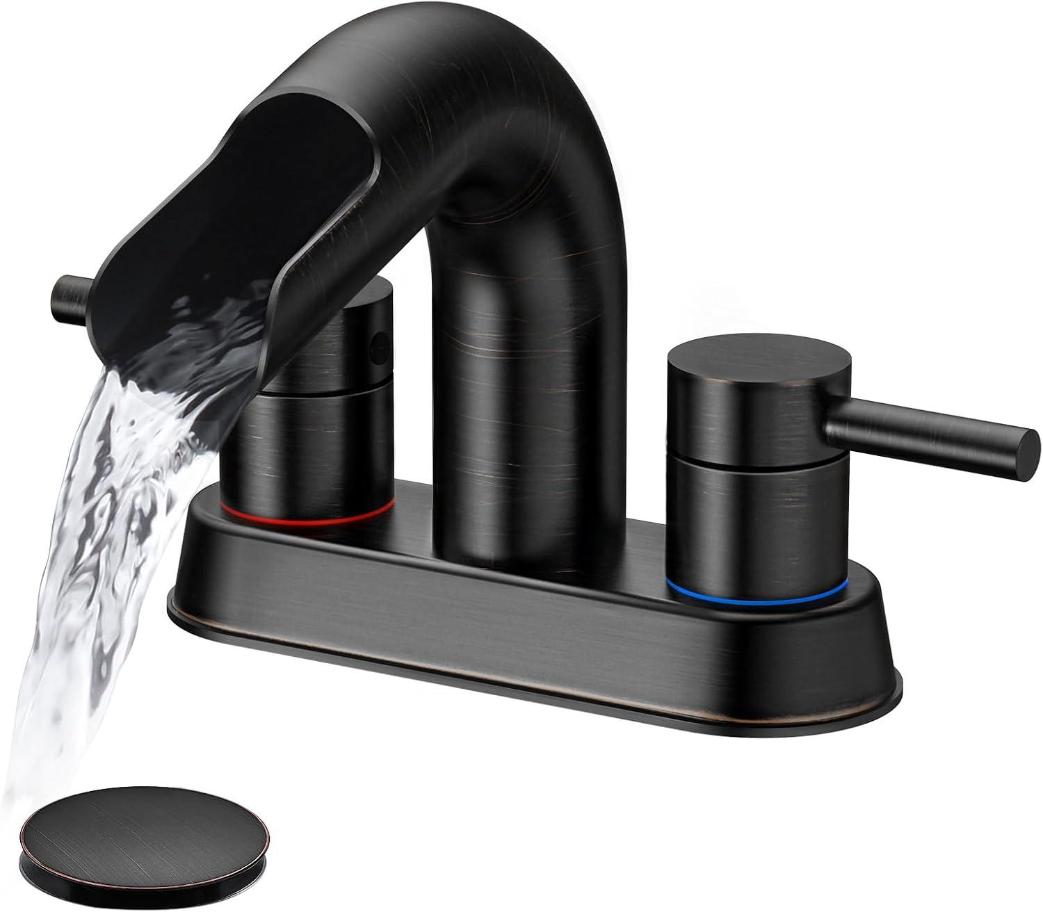 Qomolangma Waterfall Bathroom Faucets 2 or 3 Holes 2 Handles - Black Bathroom Sink Faucets Widespread with Pop Up Drain, Lavatory Mixer Tap with Deck Mount Plate for Bathroom Sink RV Vessel Basin