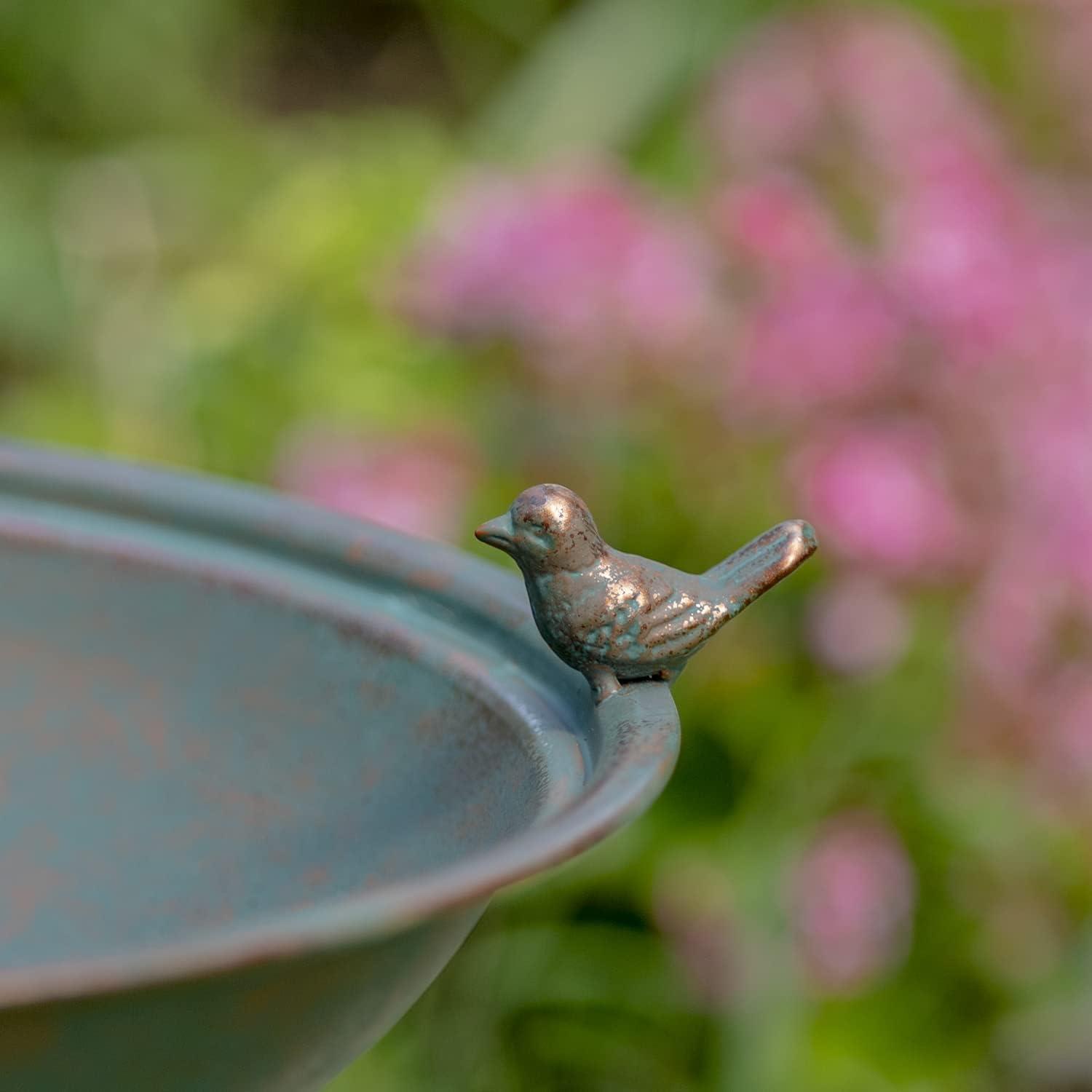 Zaer Ltd. Ornate Pedestal Style Birdbath with Cast Iron Birds on Rim Full Base (Bronze)