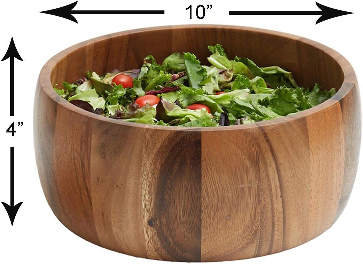 Acacia Wood 10" Salad Serving Bowl with Salad Hands