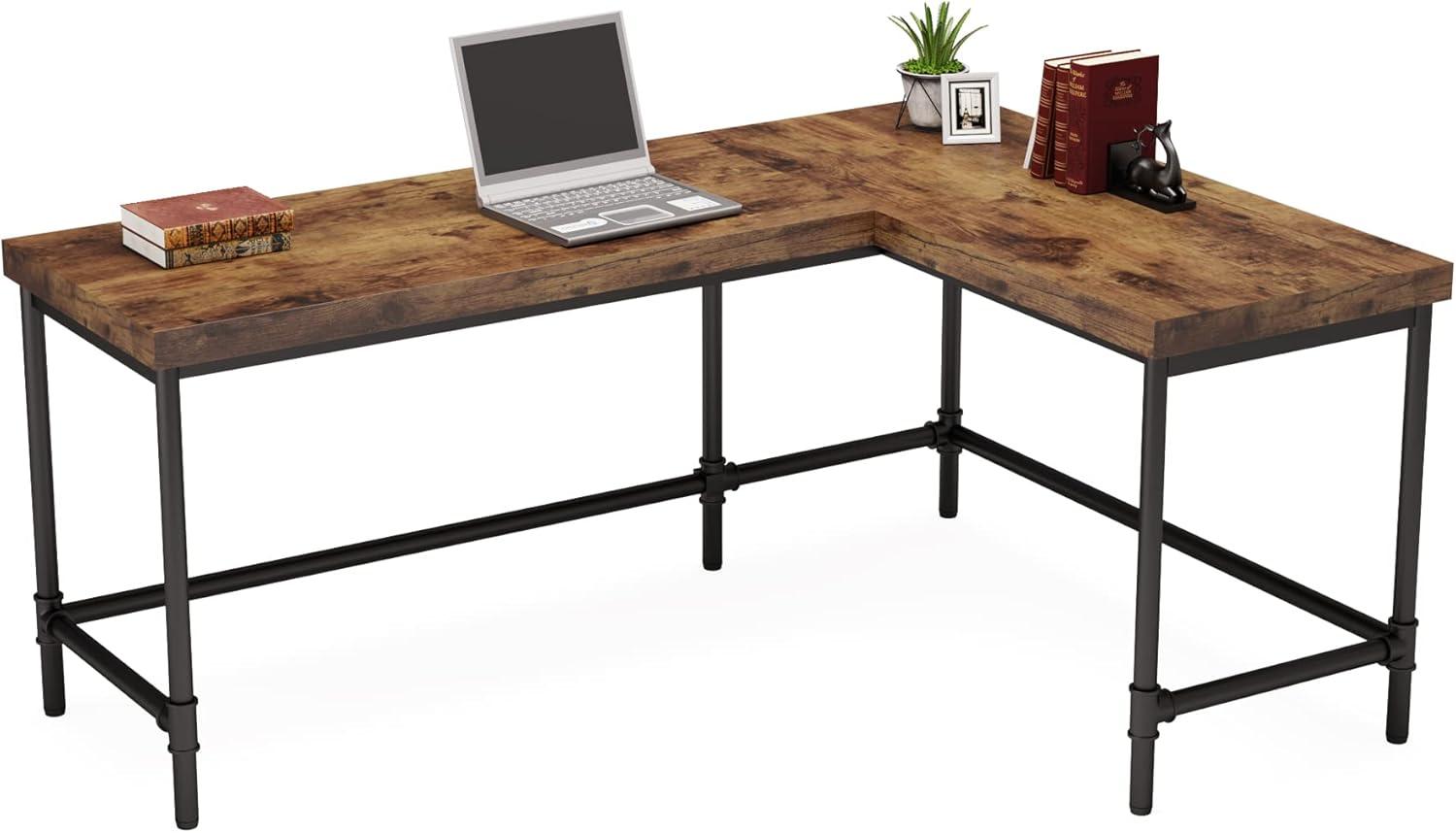 Tribesigns 67 inch L-Shaped Desk,Industrial L Desk, Reversible Corner Computer Office Desk Study Table Workstation with Pipe Legs for Home Office(Brown)