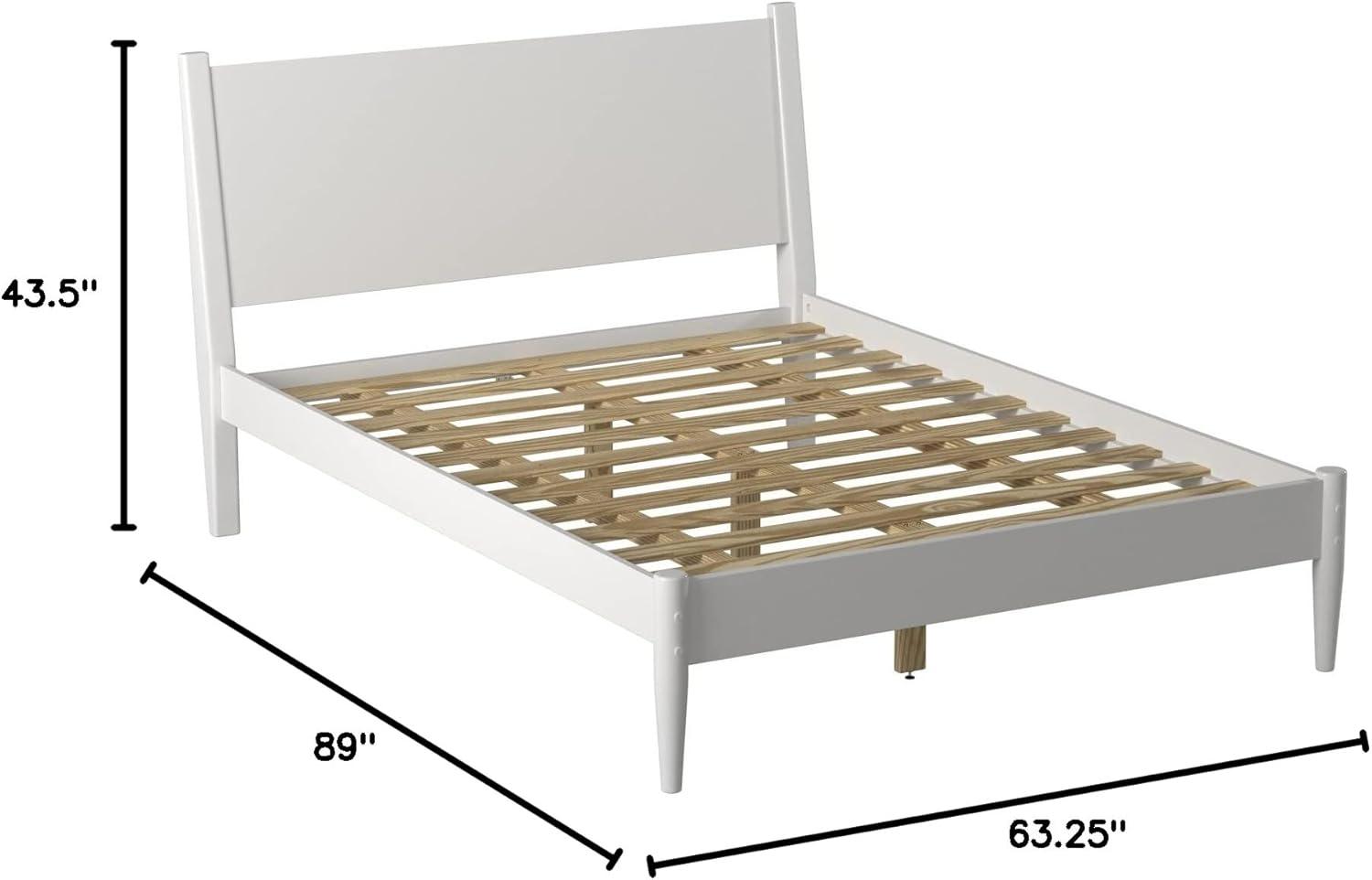 Elegant Pine Wood Queen Bed with Sleek Mid-Century Design in White