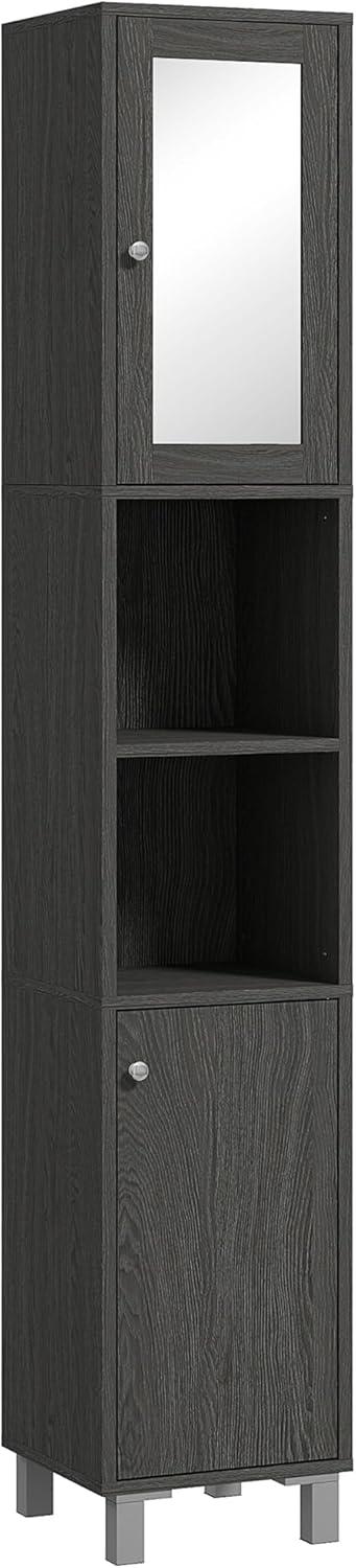 kleankin Tall Bathroom Storage Cabinet with Mirror, Wooden Freestanding Tower Cabinet with Adjustable Shelves for Bathroom or Living Room, Gray