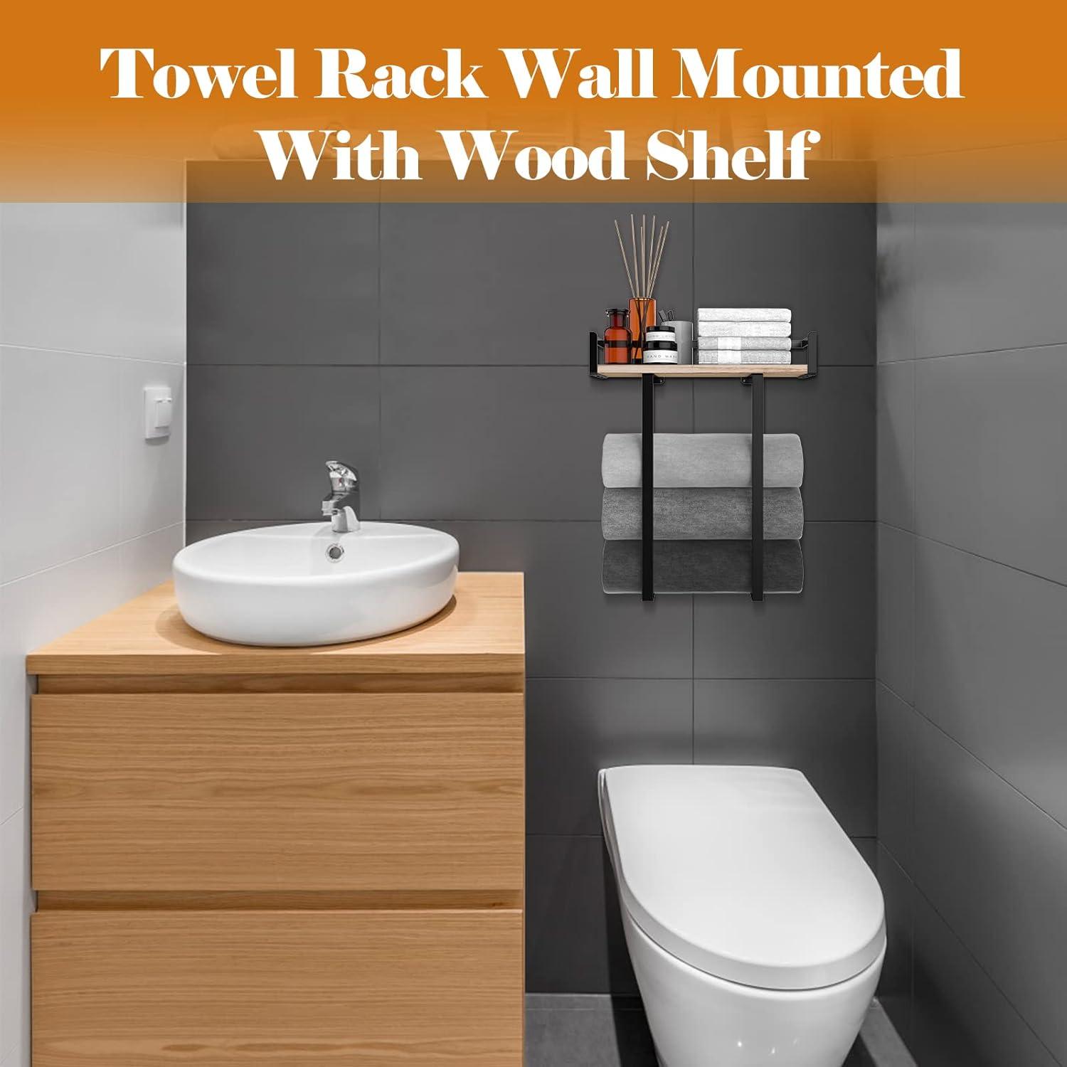Towel Racks For Bathroom Wall Mounted, Xstydes Metal Towel Holder With Wooden Shelf For Folding Large Towels, Towel Storage For Small Bathroom Organizer Decor Or RV Camping