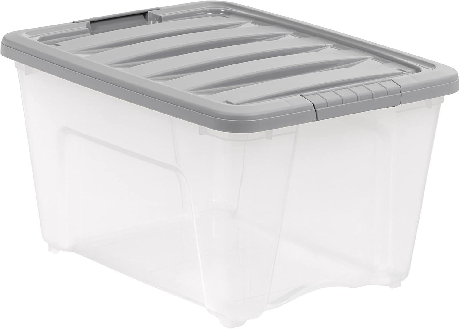 32 Quart Stackable Plastic Storage Bin with Latching Lid- Clear/ Grey- Pack of 6