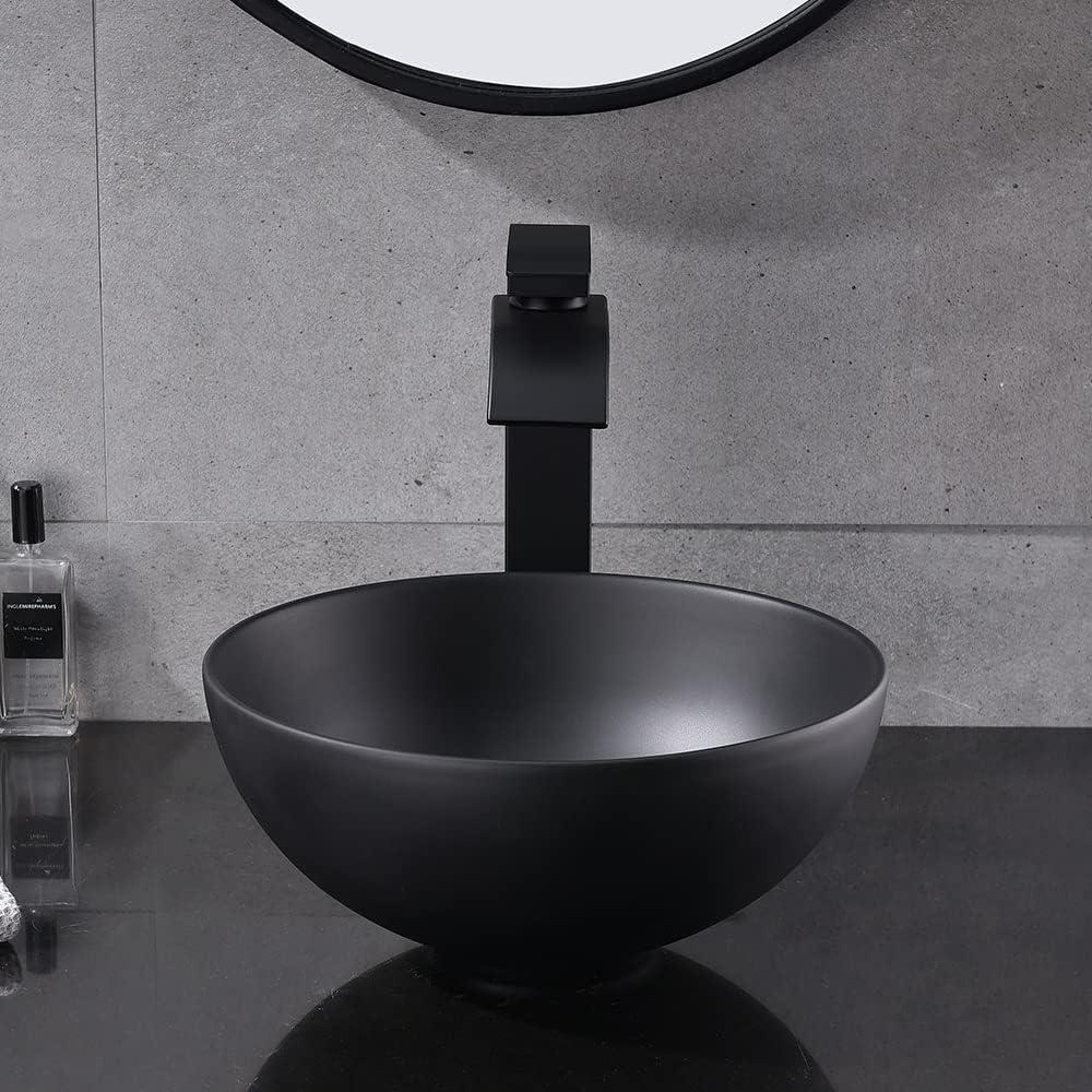 Matte Black Square Ceramic Above-Counter Vessel Sink with Pop-Up Drain