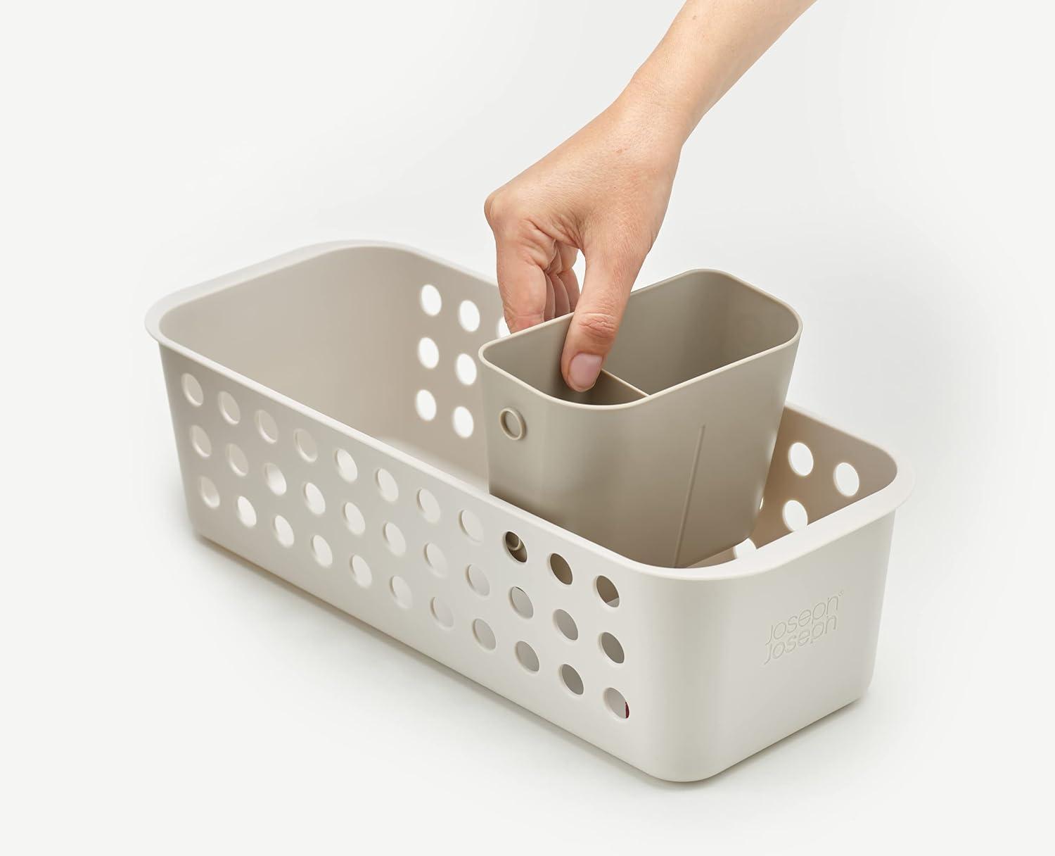 Compact Ecru Plastic Bathroom Storage Basket with Divider