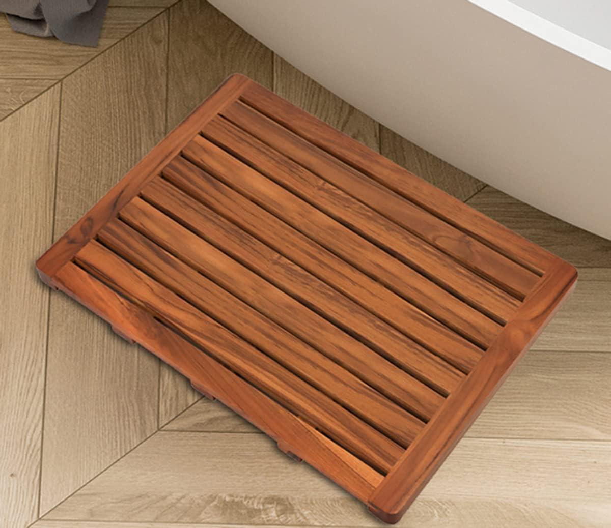 Large Teak Wood Bath Mat with Lacquer Finish, 24"x18"