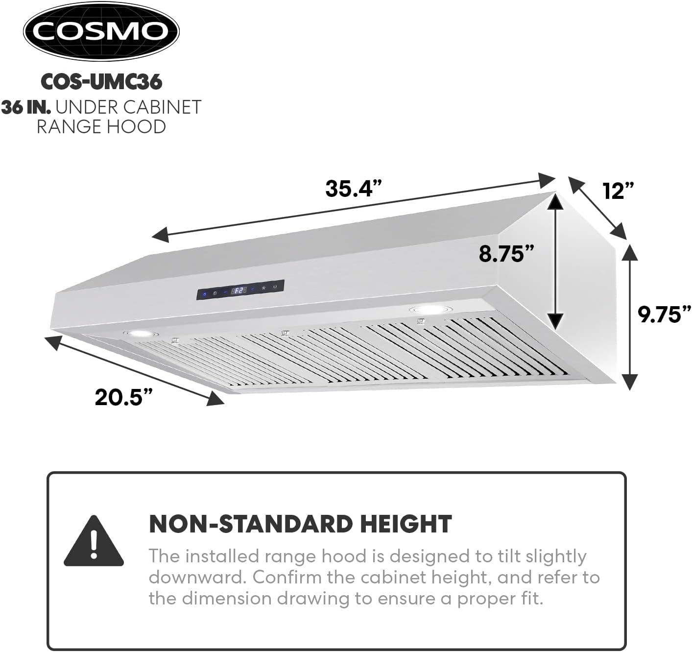 Cosmo 36" Stainless Steel 380 CFM Ducted (Vented) Under Cabinet Range Hood with Baffle Filter