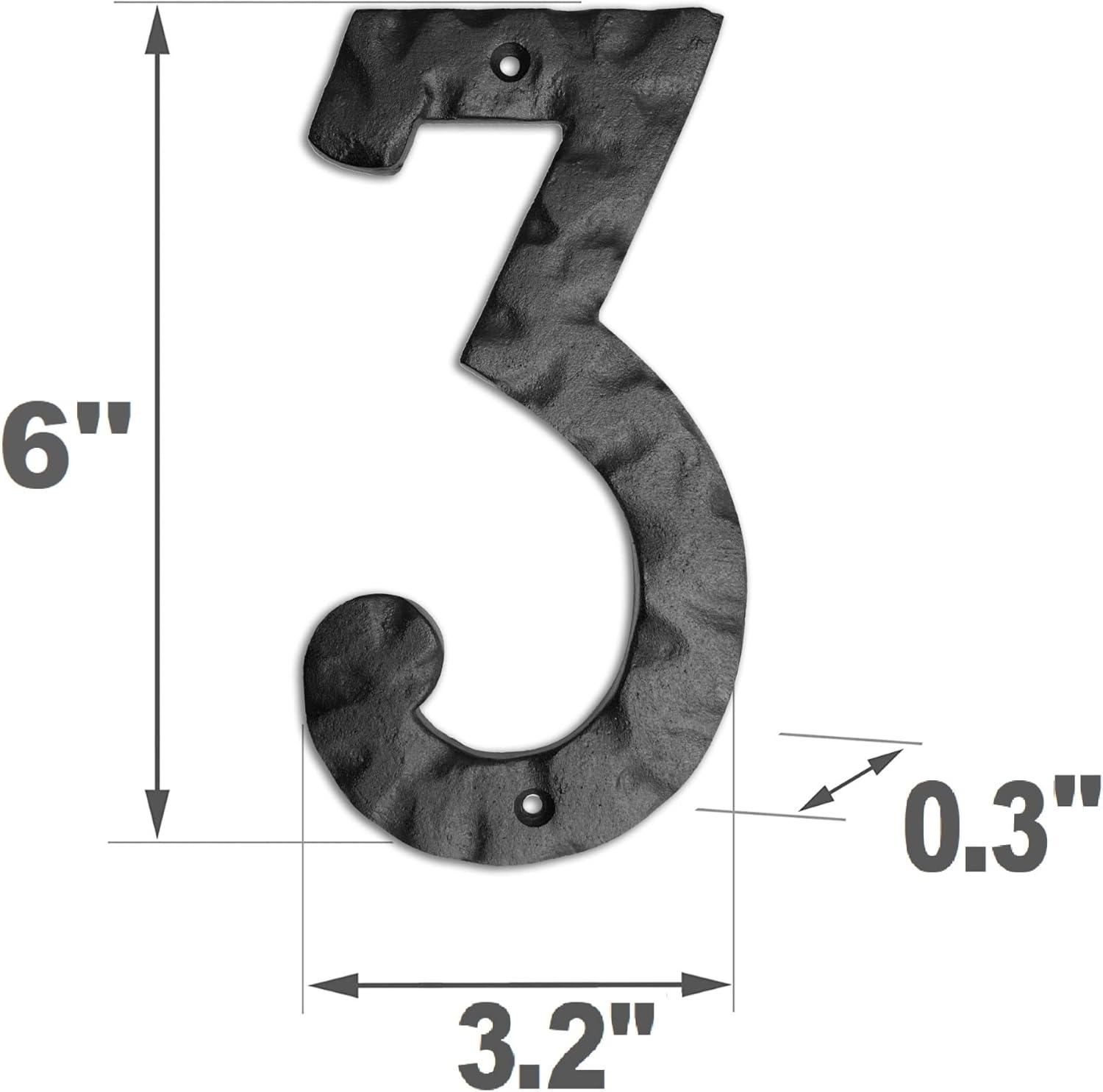 NACH Matte Black Hammer Tone Cast Iron House Number for Outside or Inside, Metal Modern House Numbers For Mailbox, Front Door, Maximum Rust Protection, 6 inch, Number 3, KE-HM6-BLK-3