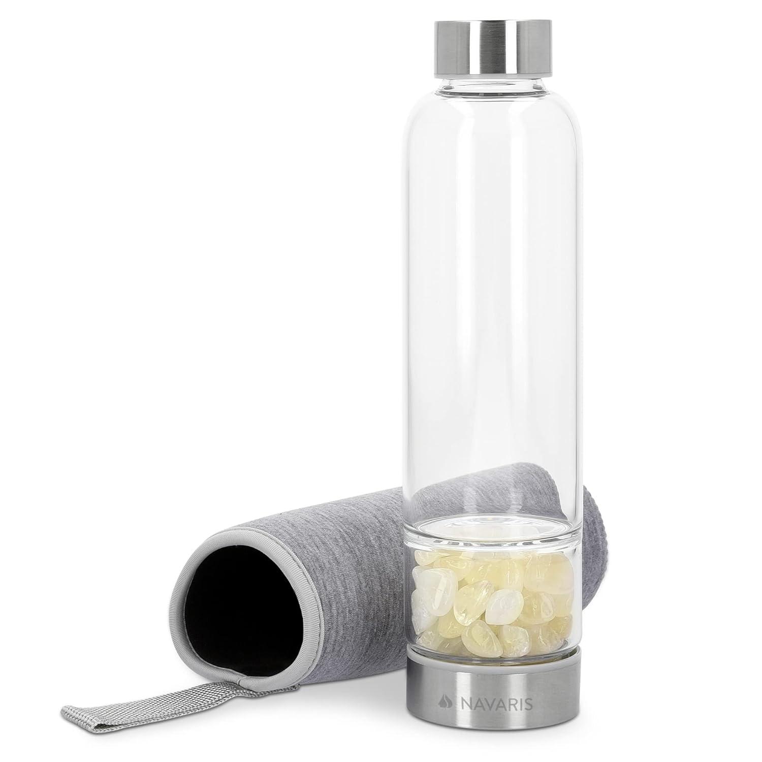 Navaris Crystal Water Bottle - 14oz Glass Gemstone Drink Bottle with Loose Natural Gem Stones - Available with Different Type Stones