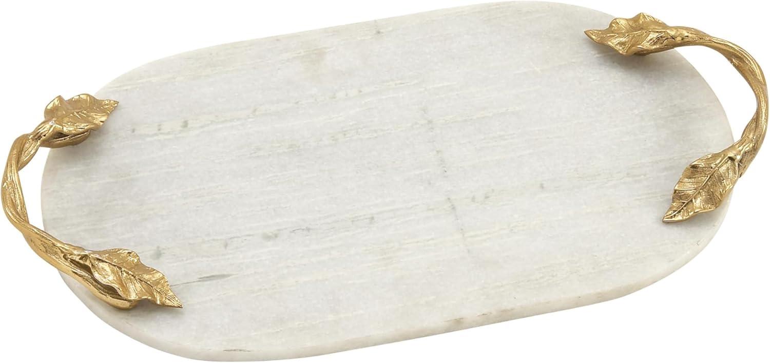 DecMode 20" x 10" White Marble Oval Tray with Gold Twisted Leaf Handles, 1-Piece