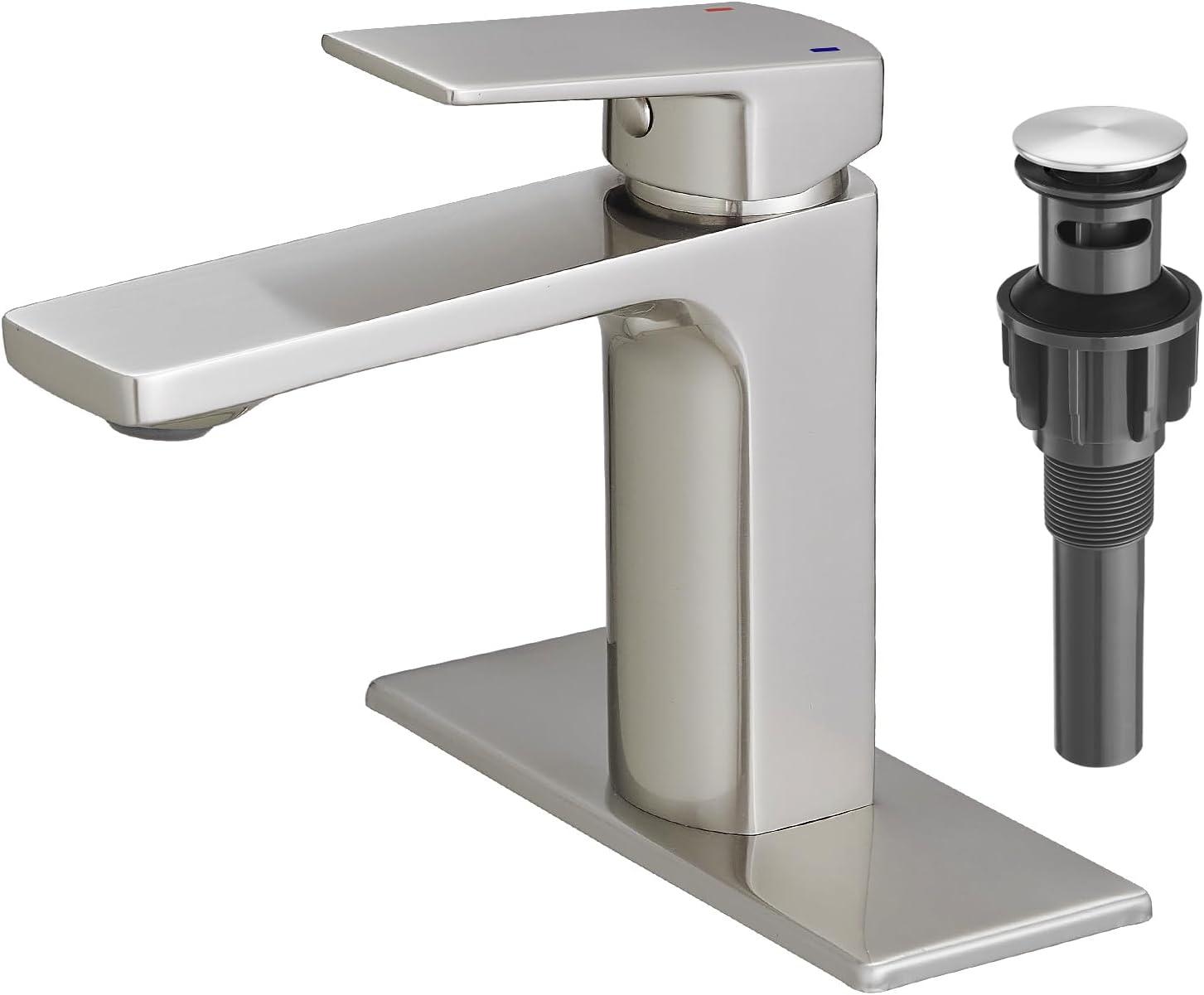 VOTON Brass Bathroom Faucet, Brushed Nickel Finish, Single Handle, 1 or 3 Hole Installation, Pop-up Drain, Flexible Hoses