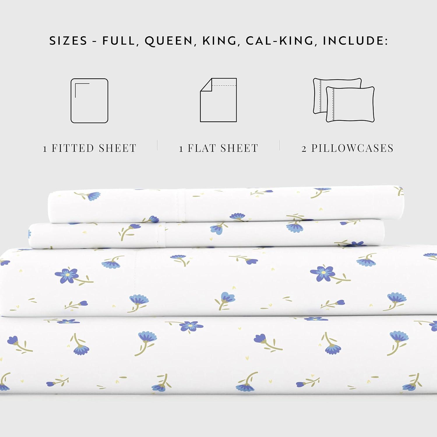 Light Blue Floral Microfiber Full Sheet Set with Deep Pockets